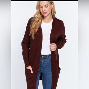 Active USA Maroon Wine Color Knee Length Open Front Cardigan, Women’s Sweater